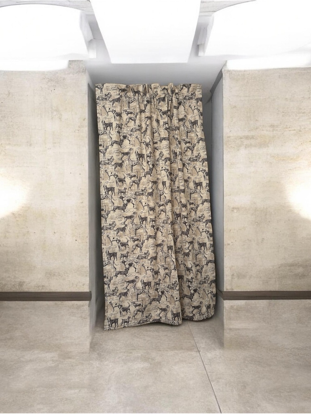 Neutral Tan Printed Curtains with Black Animal Motif for two panels